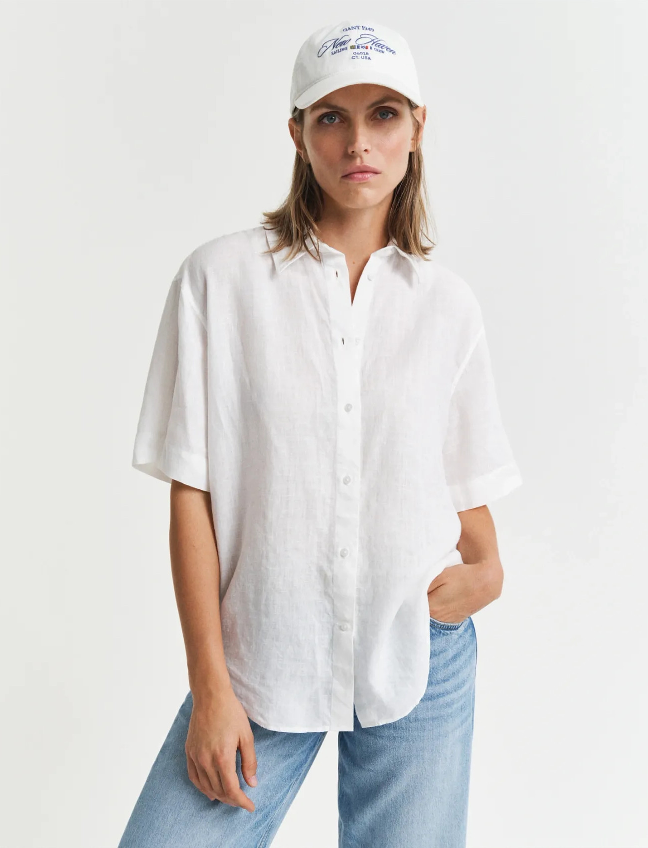 GANT Rel Linen Ss Shirt, 36, White, Skjorter > Kortærmede, Dame