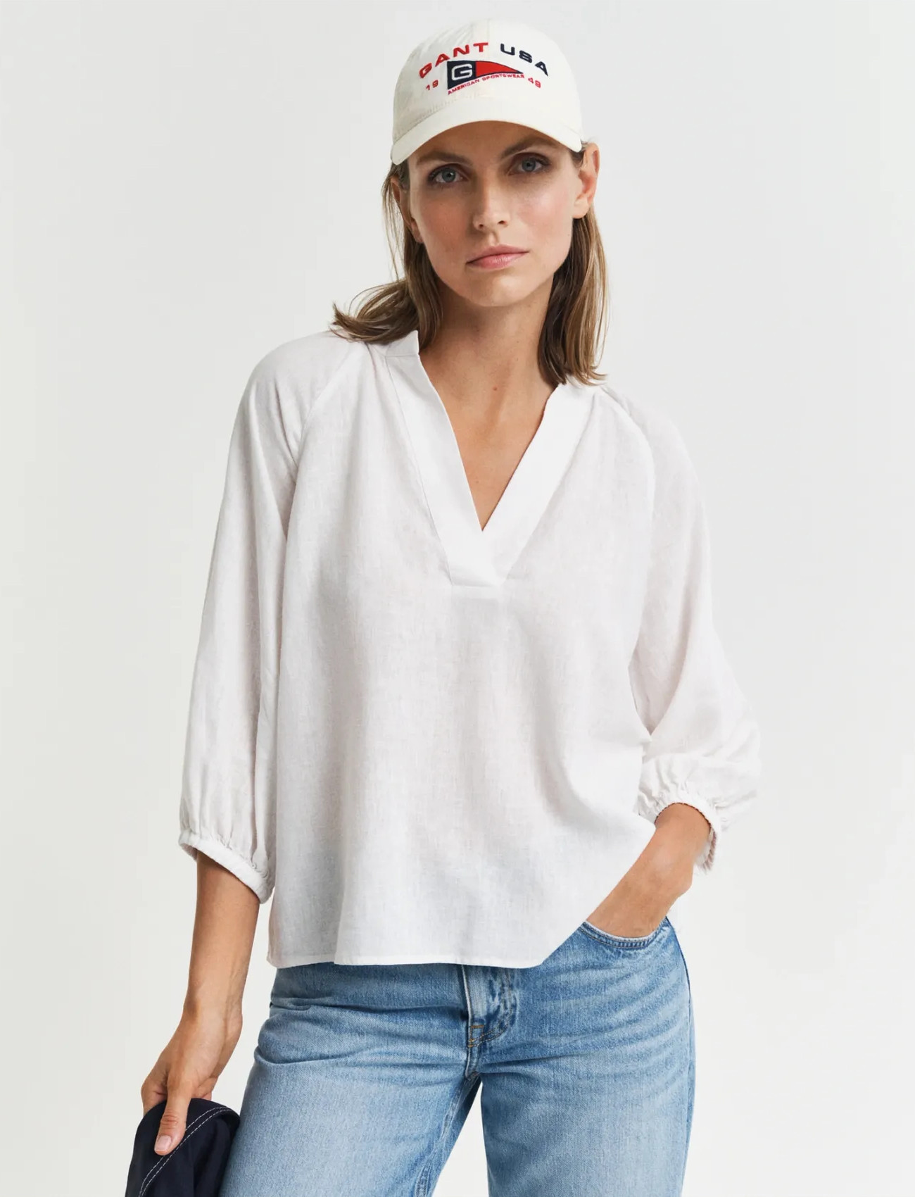 GANT Linen Ss Blouse, 46, White, Bluser > Langærmede, Dame
