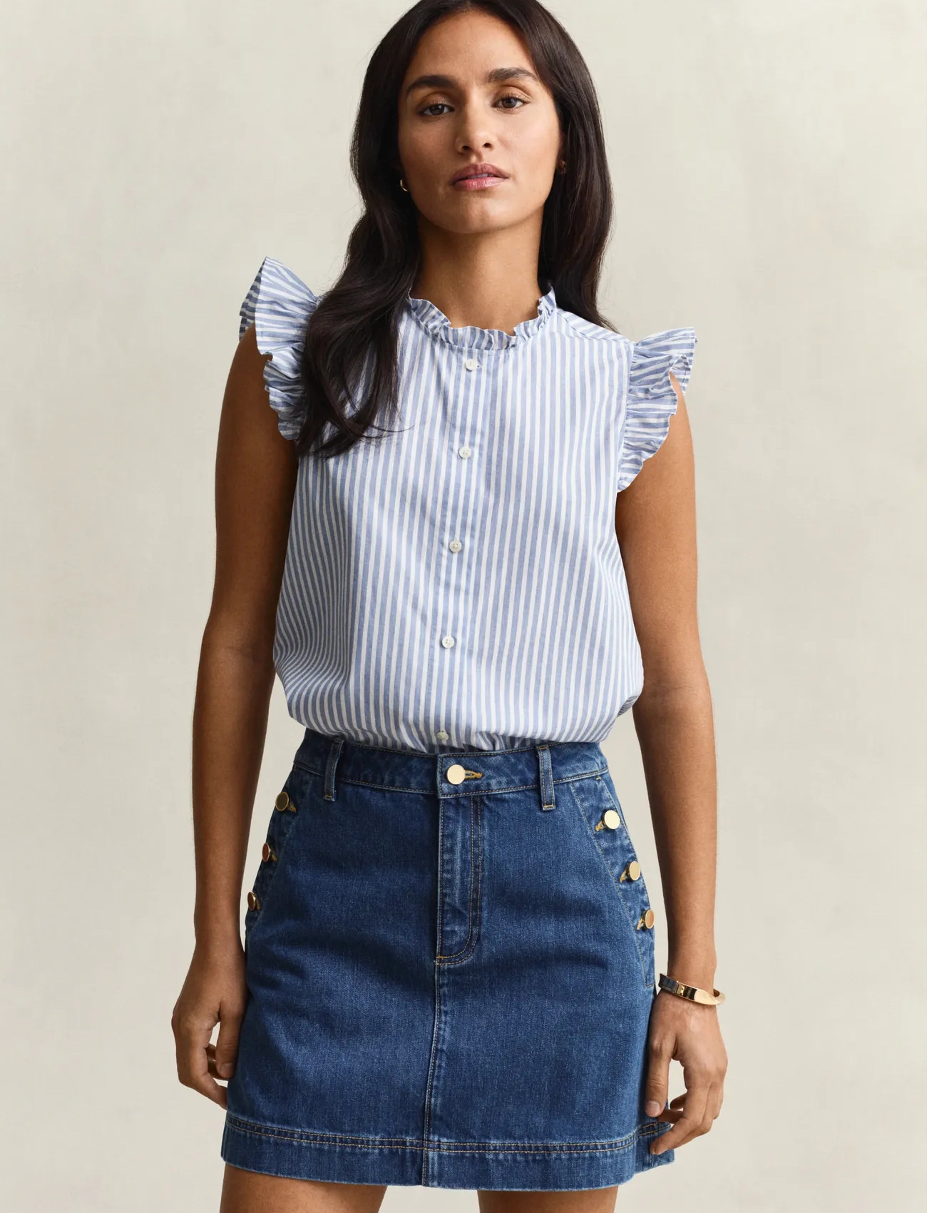 GANT Stripe Ctn Ruffle Blouse, 44, Blue, Bluser > Uden Ærmer, Dame