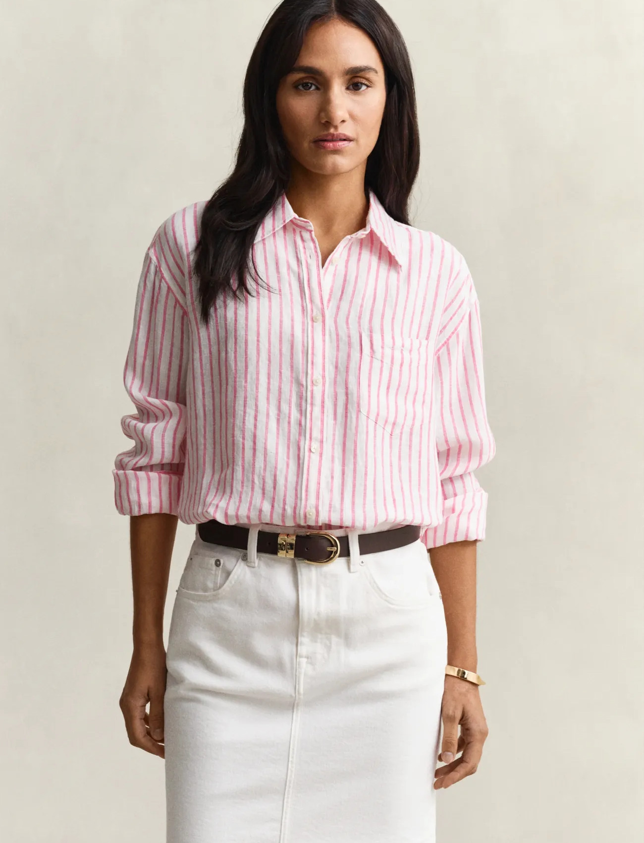 GANT Rel Striped Linen Ls Shirt, 34, Pink, Skjorter > Langærmede, Dame
