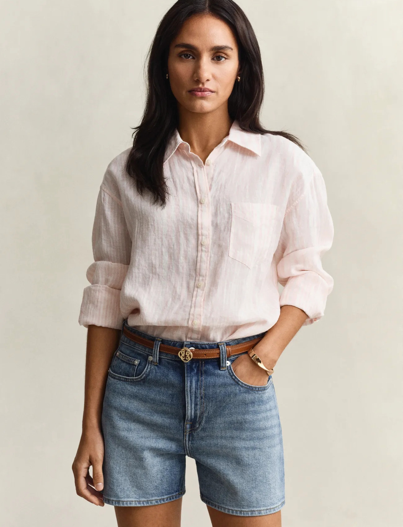 GANT Rel Striped Linen Ls Shirt, 36, Pink, Skjorter > Langærmede, Dame
