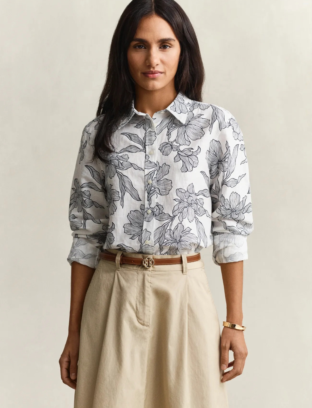GANT Reg Floral Print Linen Shirt, 38, White, Skjorter > Langærmede, Dame