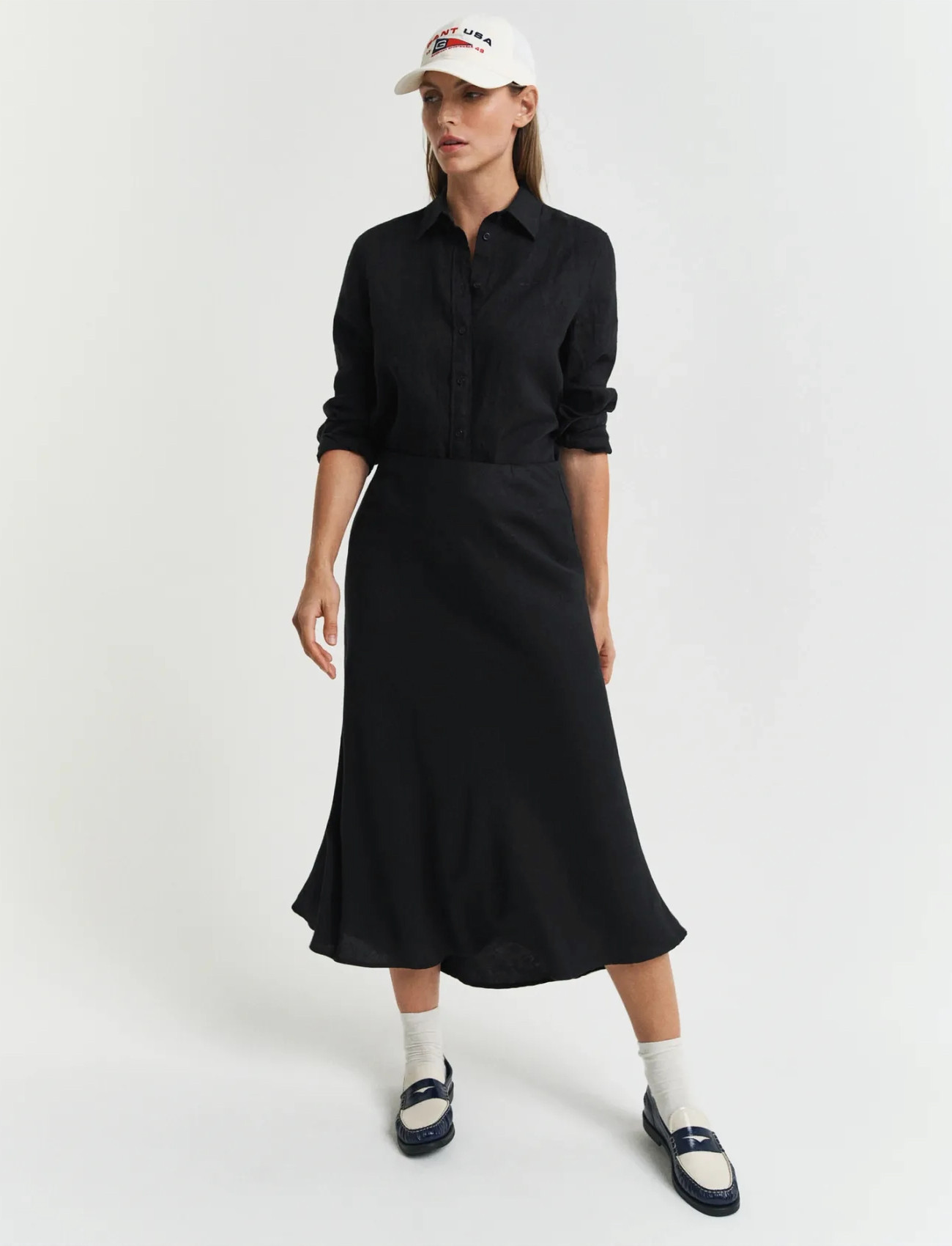 GANT Linen Blend Skirt, 40, Black, Nederdele > Knælange Og Midi Nederdele, Dame