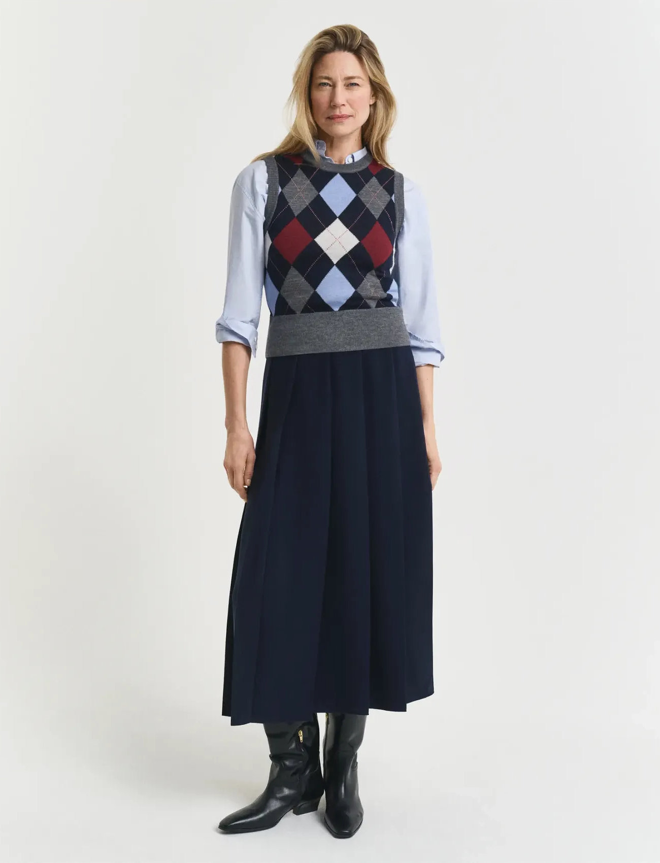 GANT Wide Pleated Midi Skirt, 40, Navy, Nederdele > Knælange Og Midi Nederdele, Dame