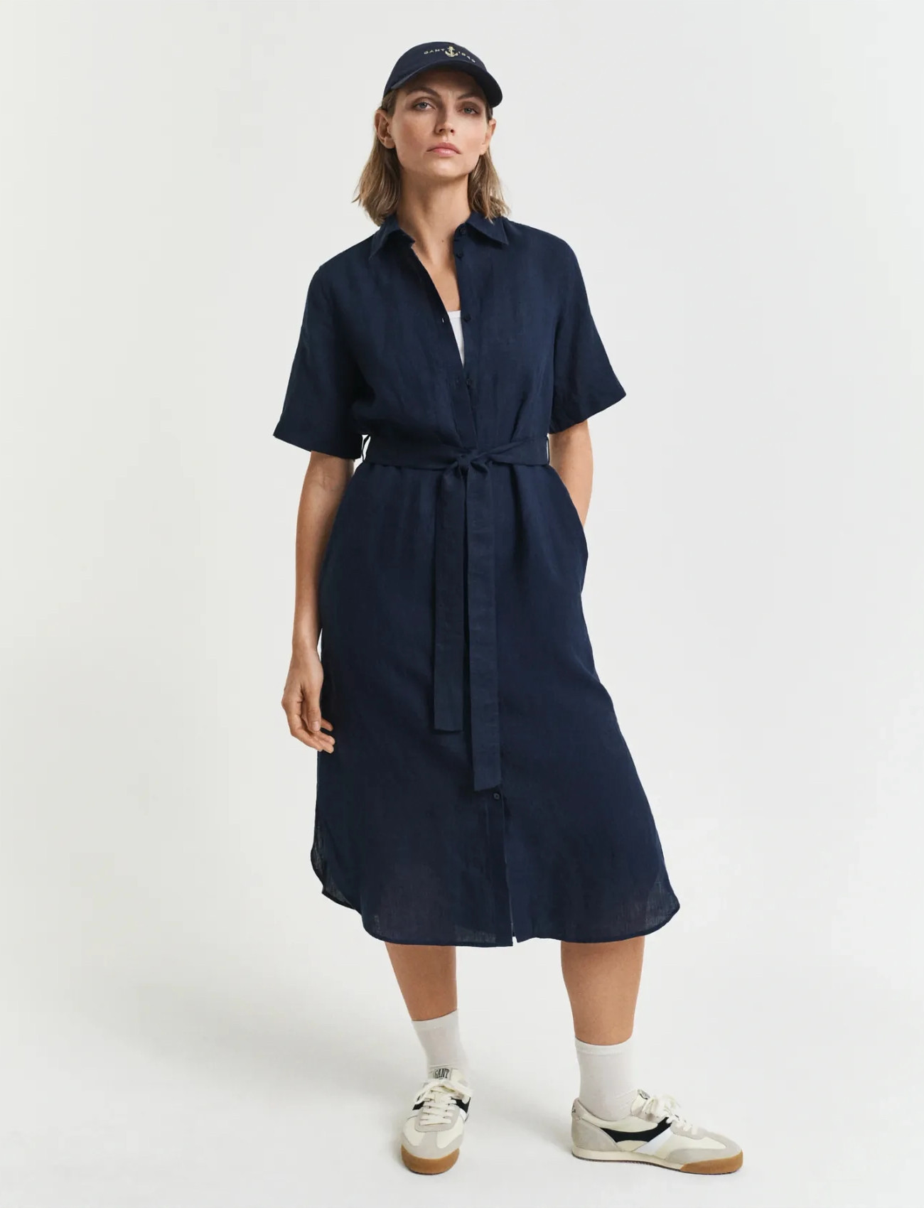 GANT Reg Linen Ss Shirt Dress, 38, Navy, Kjoler > Knælange Og Midi, Dame
