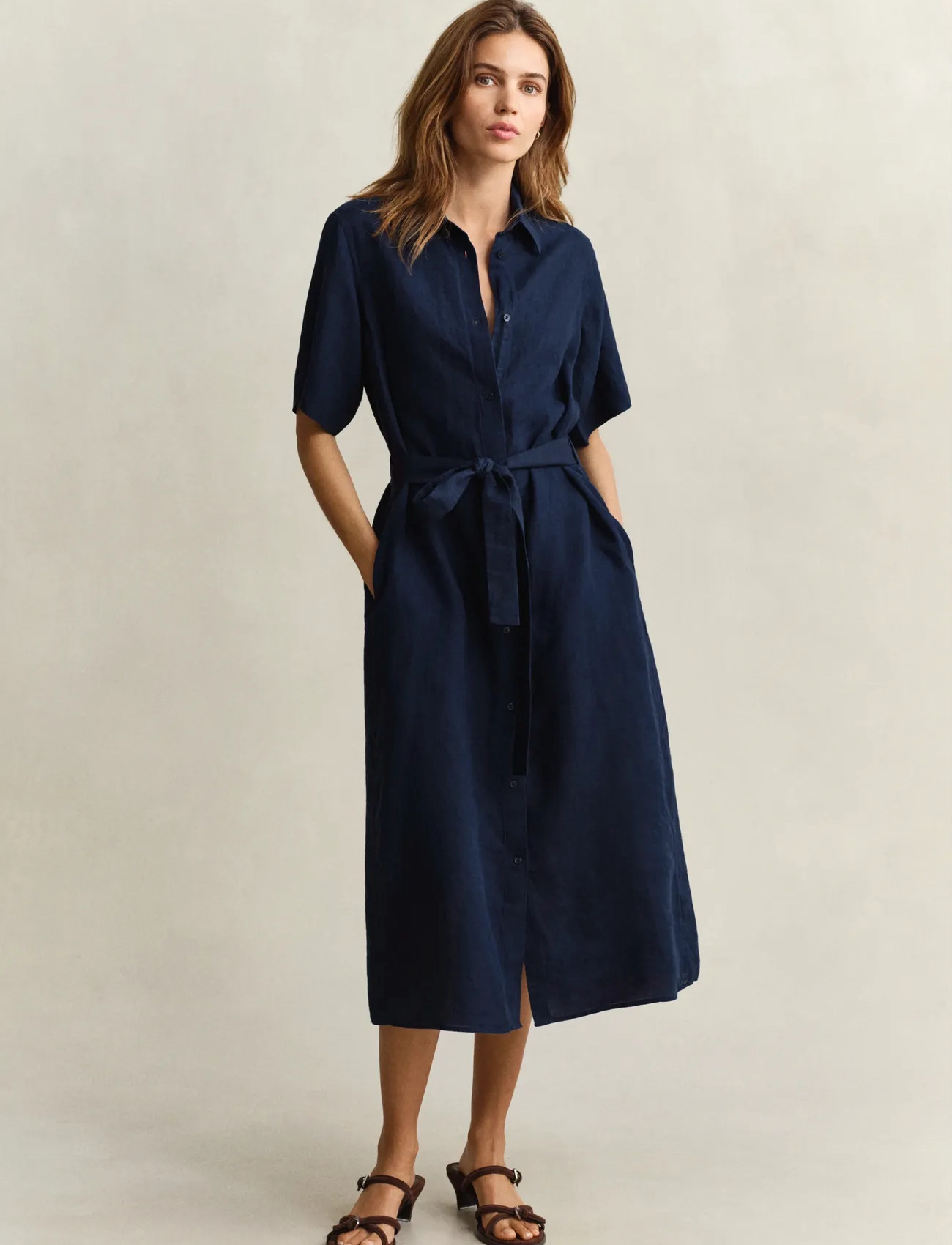 GANT Linen Ss Shirt Dress, 38, Navy, Kjoler > Knælange Og Midi, Dame