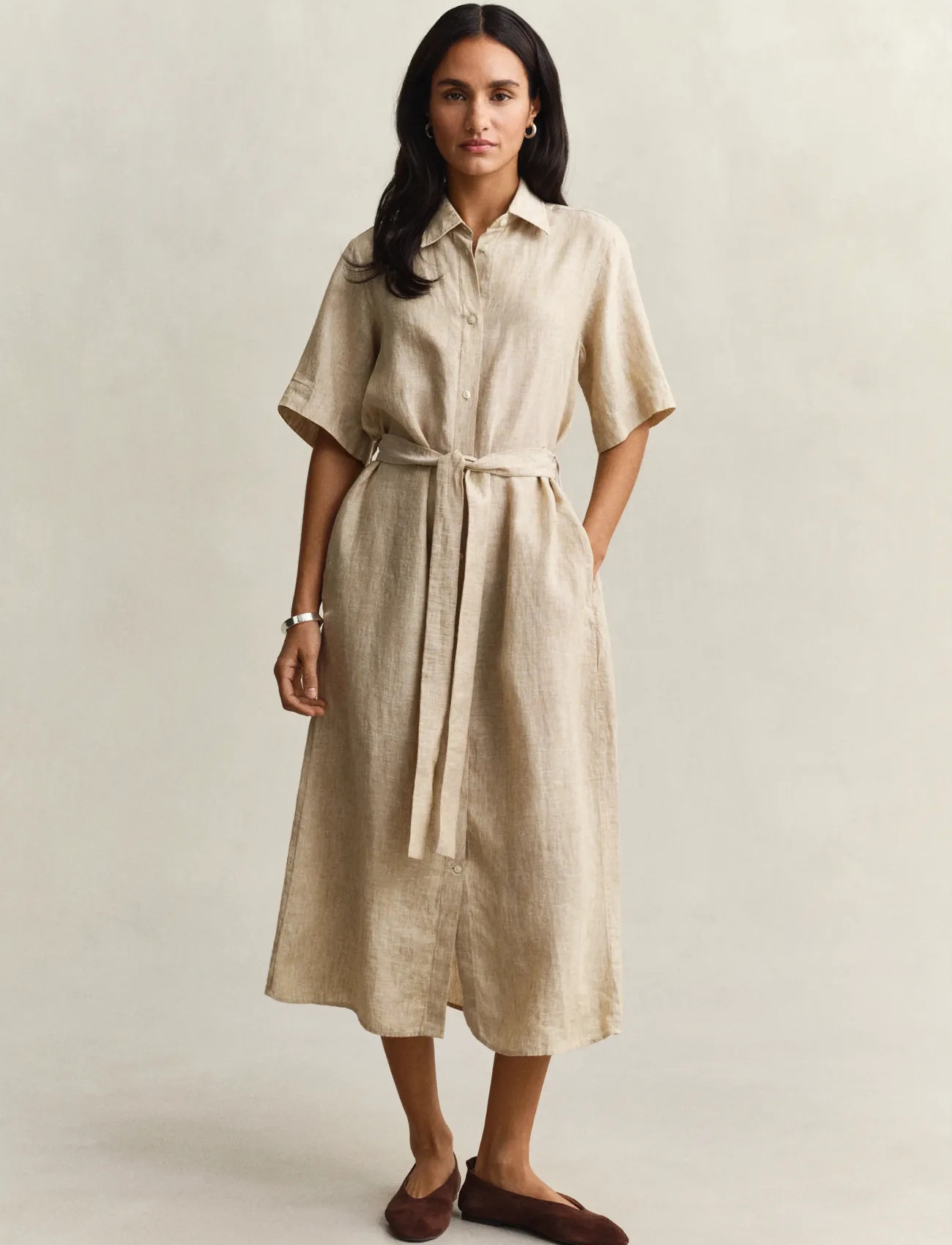 GANT Linen Ss Shirt Dress, 40, Beige, Kjoler > Knælange Og Midi, Dame