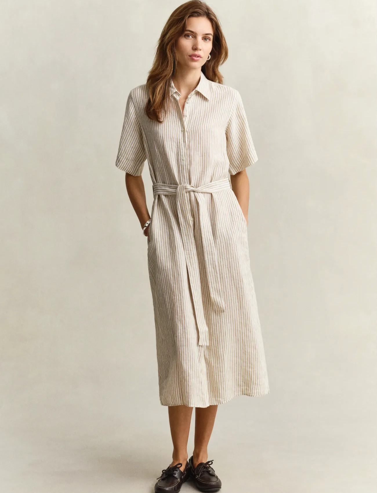 GANT Striped Linen Ss Shirt Dress, 42, Beige, Kjoler > Knælange Og Midi, Dame
