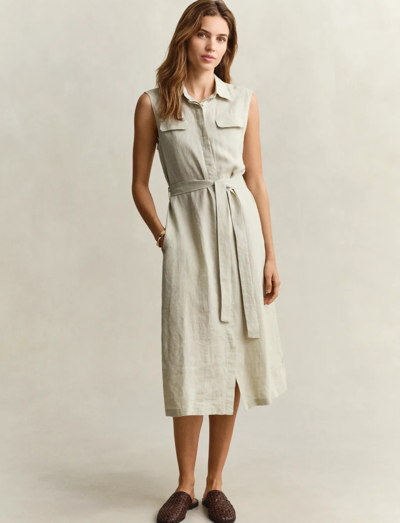 GANT Linen Sleeveless Dress, 42, Beige, Kjoler > Knælange Og Midi, Dame
