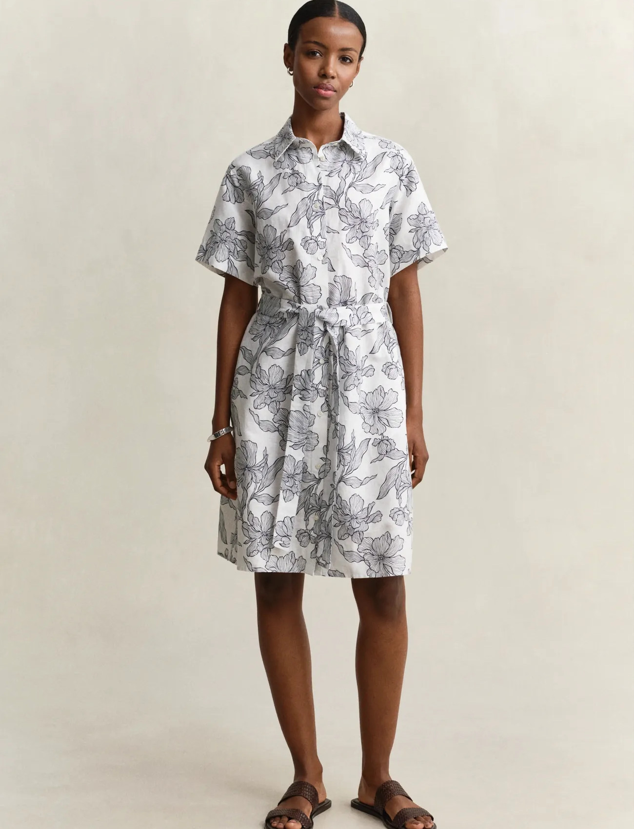 GANT Floral Print Linen Ss Shirt Dress, 42, White, Kjoler > Skjortekjoler, Dame