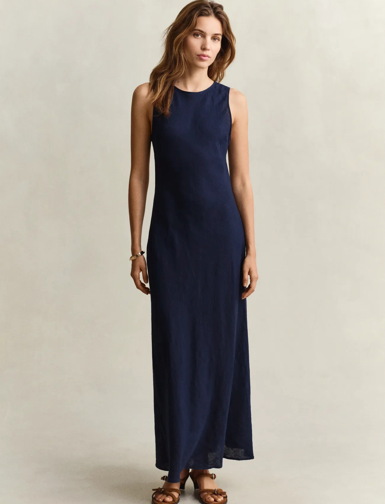 GANT Linen Bias Cut Midi Dress, 34, Navy, Kjoler > Maxikjole, Dame