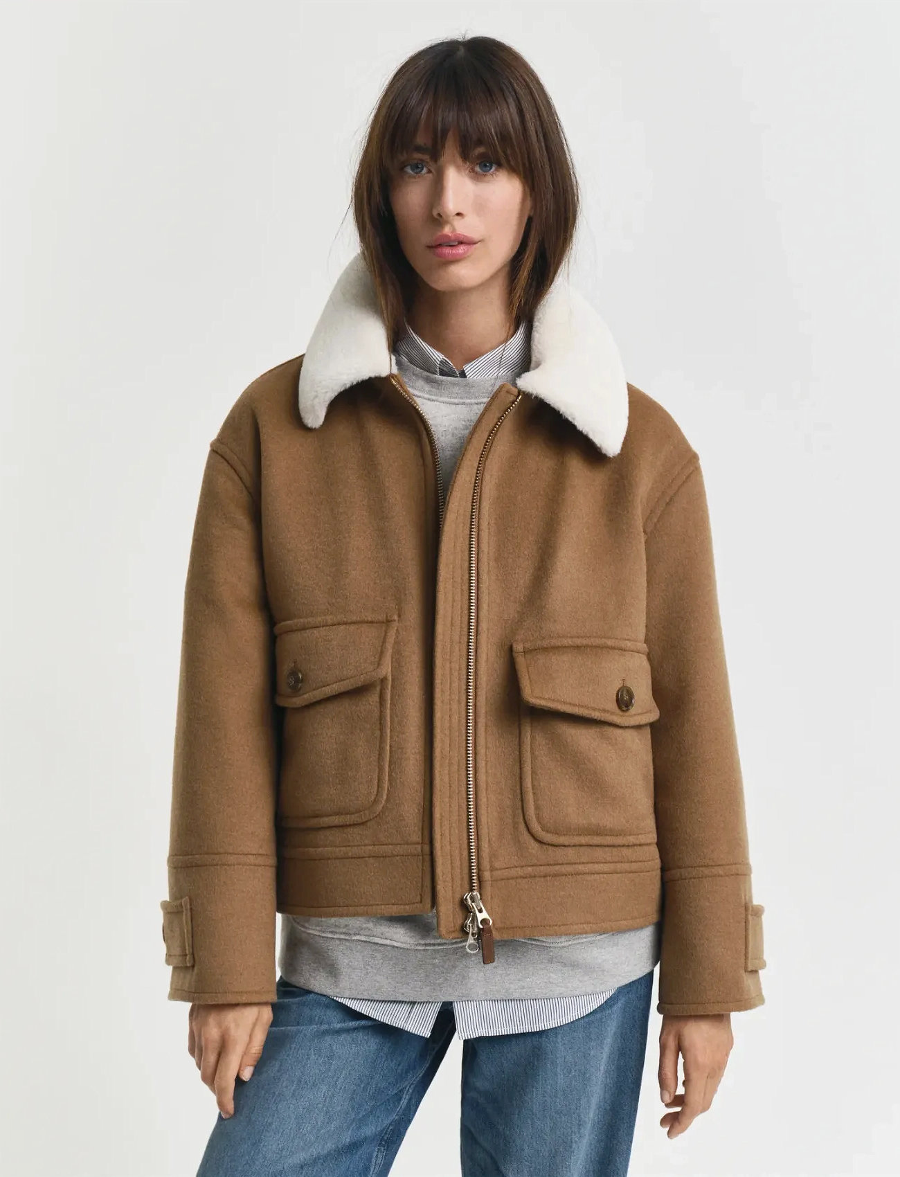 GANT Wool Blend Flight Jacket, L, Brown, Jakker > Uldjakker, Dame
