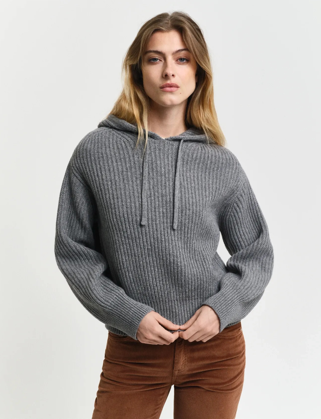 GANT Rib Knitted Hoodie, S, Grey, Strik > Trøjer, Dame