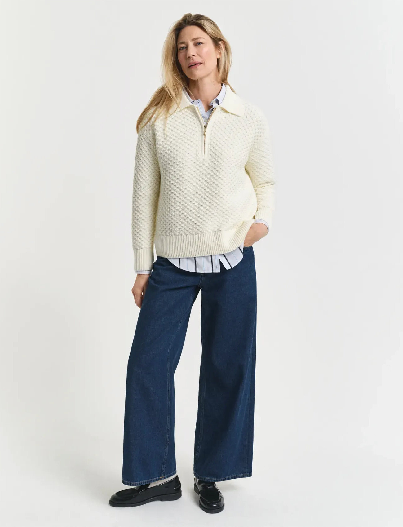 GANT Cotton Texture Half Zip, S, Cream, Strik > Trøjer, Dame