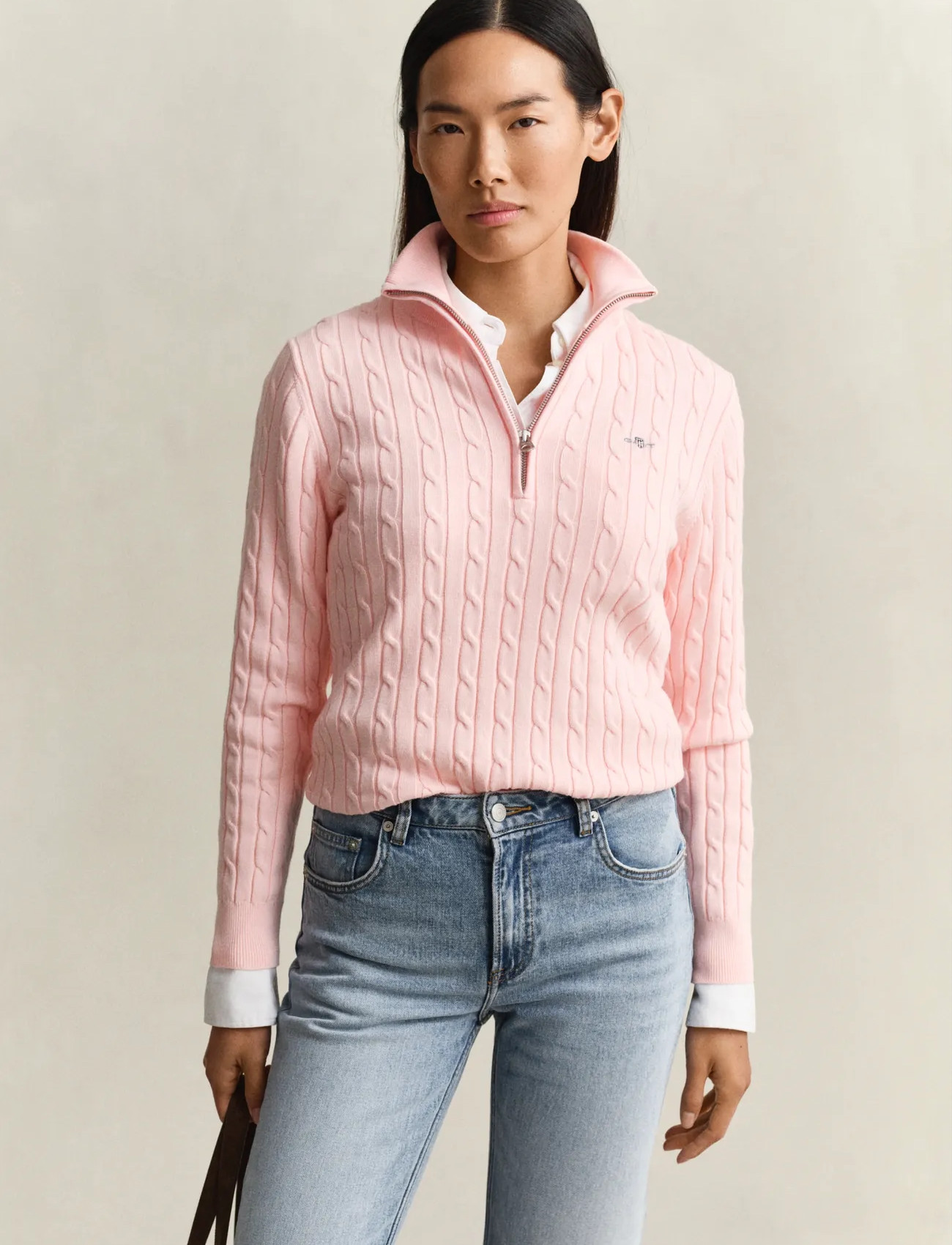 GANT Stretch Cotton Cable Half-Zip, L, Pink, Strik > Trøjer, Dame
