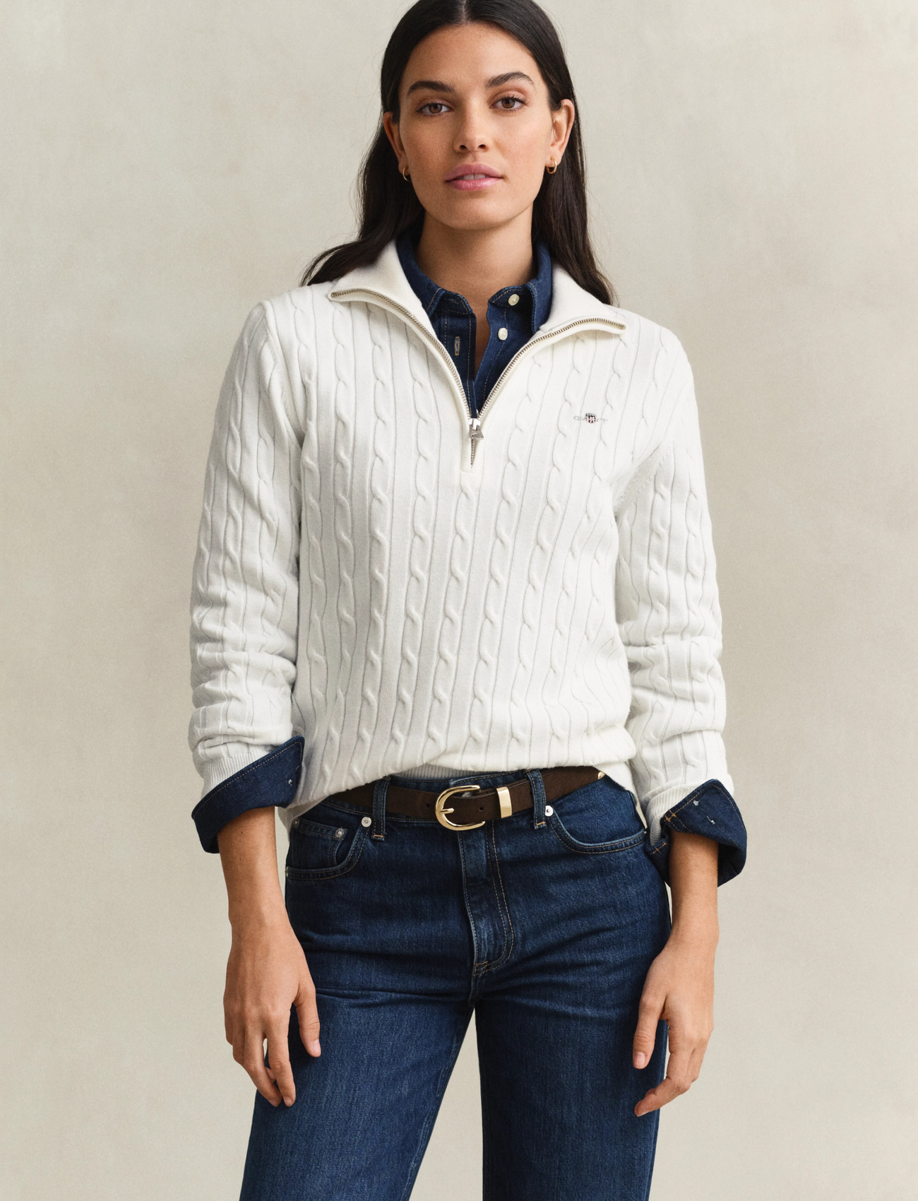GANT Stretch Cotton Cable Half-Zip, XXL, White, Strik > Trøjer, Dame