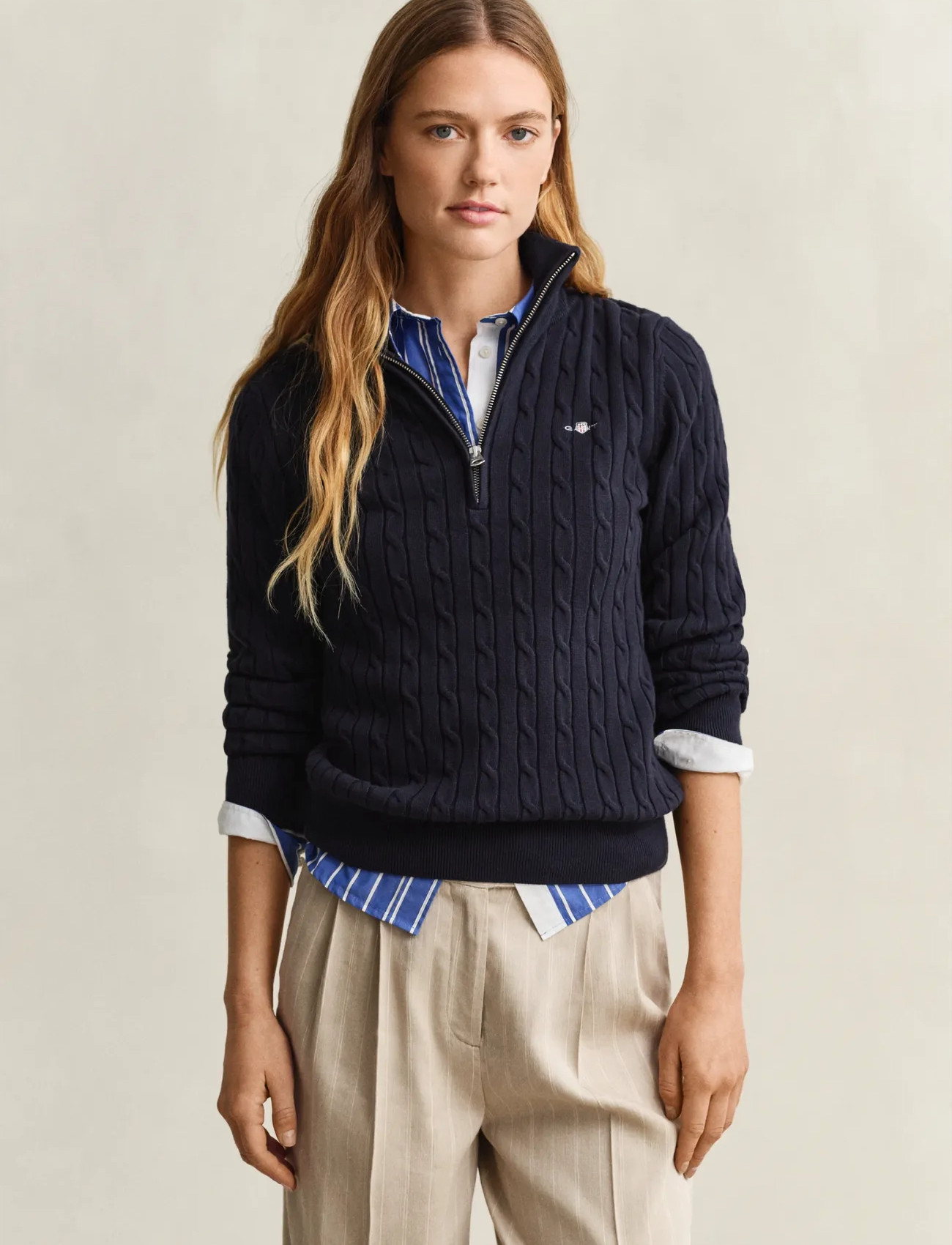 GANT Stretch Cotton Cable Half-Zip, M, Navy, Strik > Trøjer, Dame