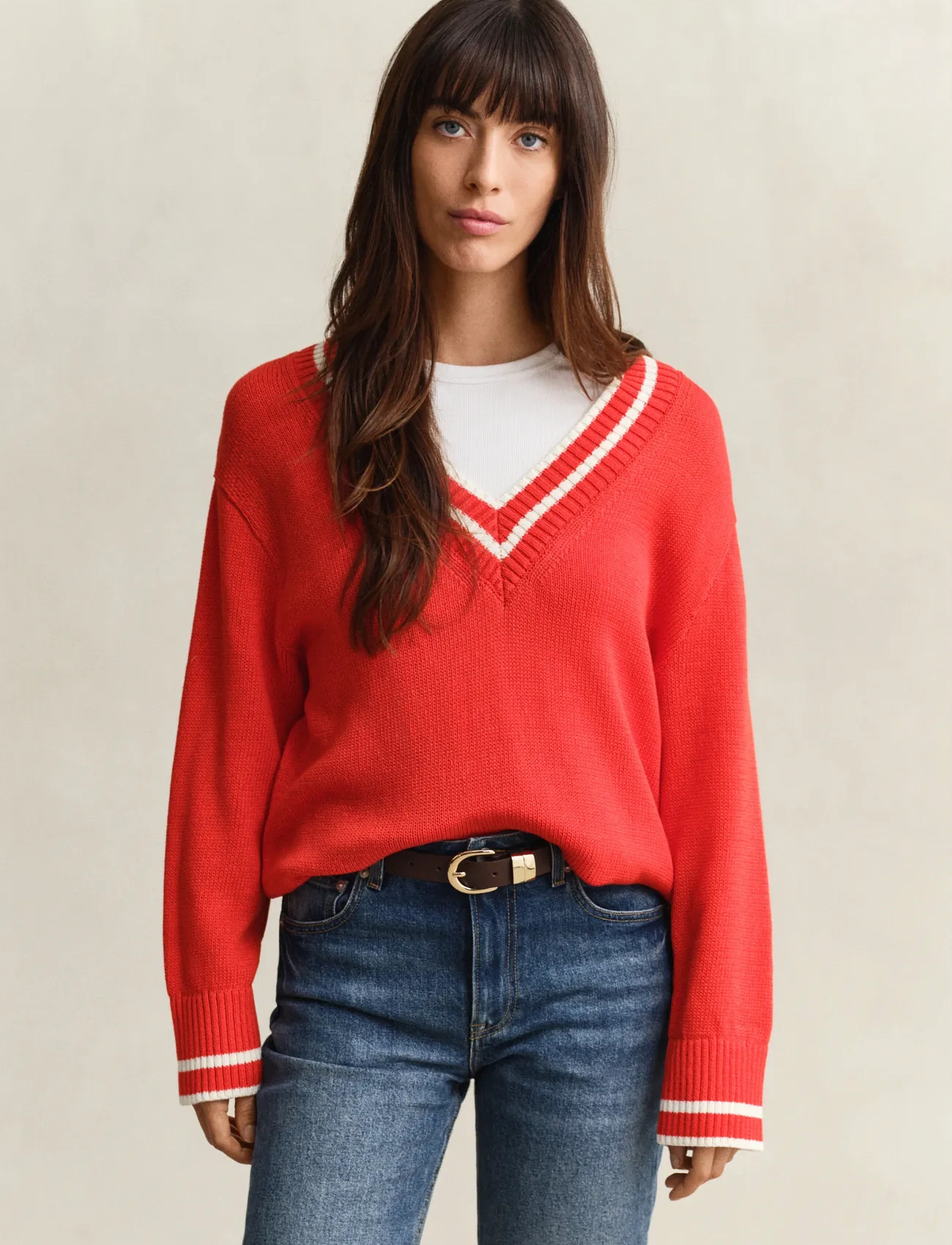 GANT Contrast Cotton V-Neck, L, Red, Strik > V-Halse, Herre