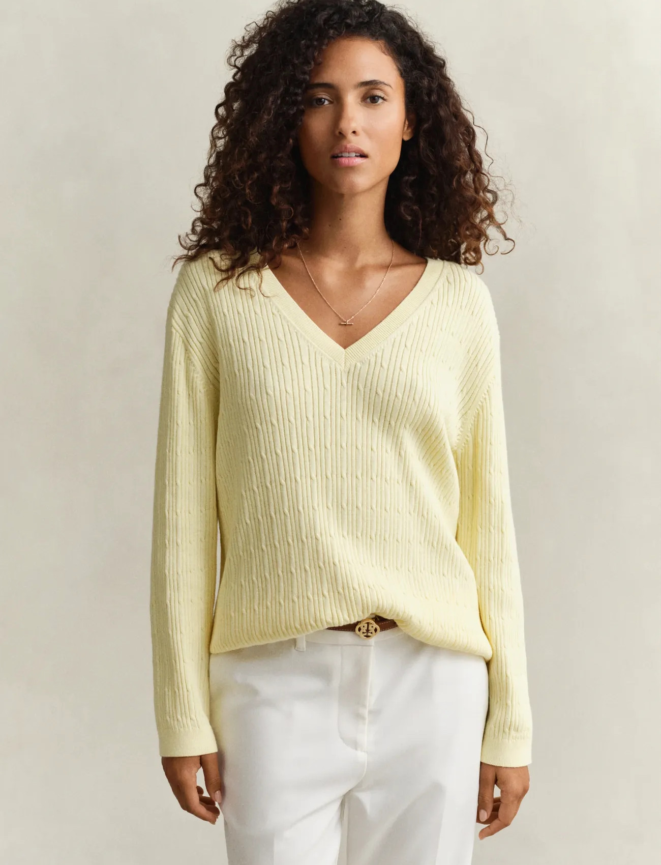 GANT Cable Knit V-Neck, M, Yellow, Strik > Trøjer, Dame