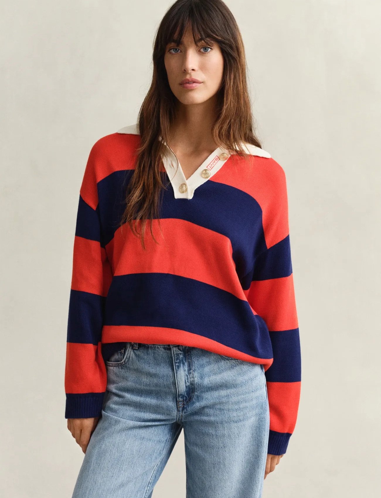 GANT Striped Cotton Rugger, M, Red, Sport Polos > Sport Long-sleeved Polos, Herre