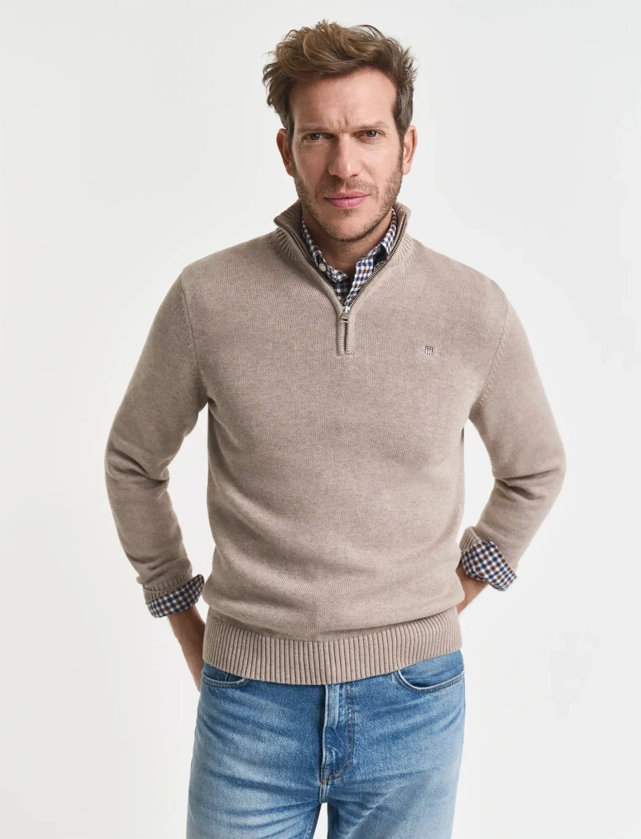 GANT Half-Zip Sweater, XXL, Cream, Strik > Trøjer Med Halv Lynlås, Herre