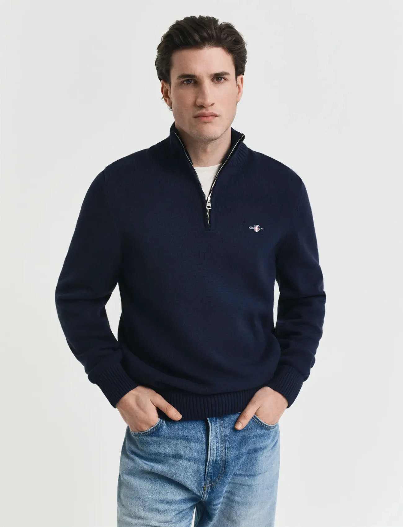 GANT Half-Zip Sweater, 3XL, Navy, Strik > Trøjer Med Halv Lynlås, Herre