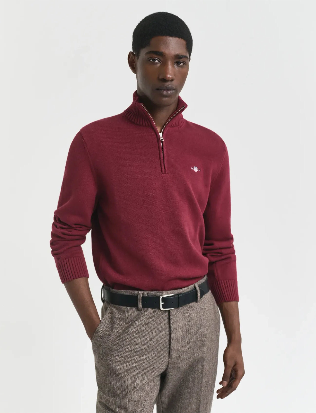 GANT Half-Zip Sweater, L, Burgundy, Strik > Trøjer Med Halv Lynlås, Herre