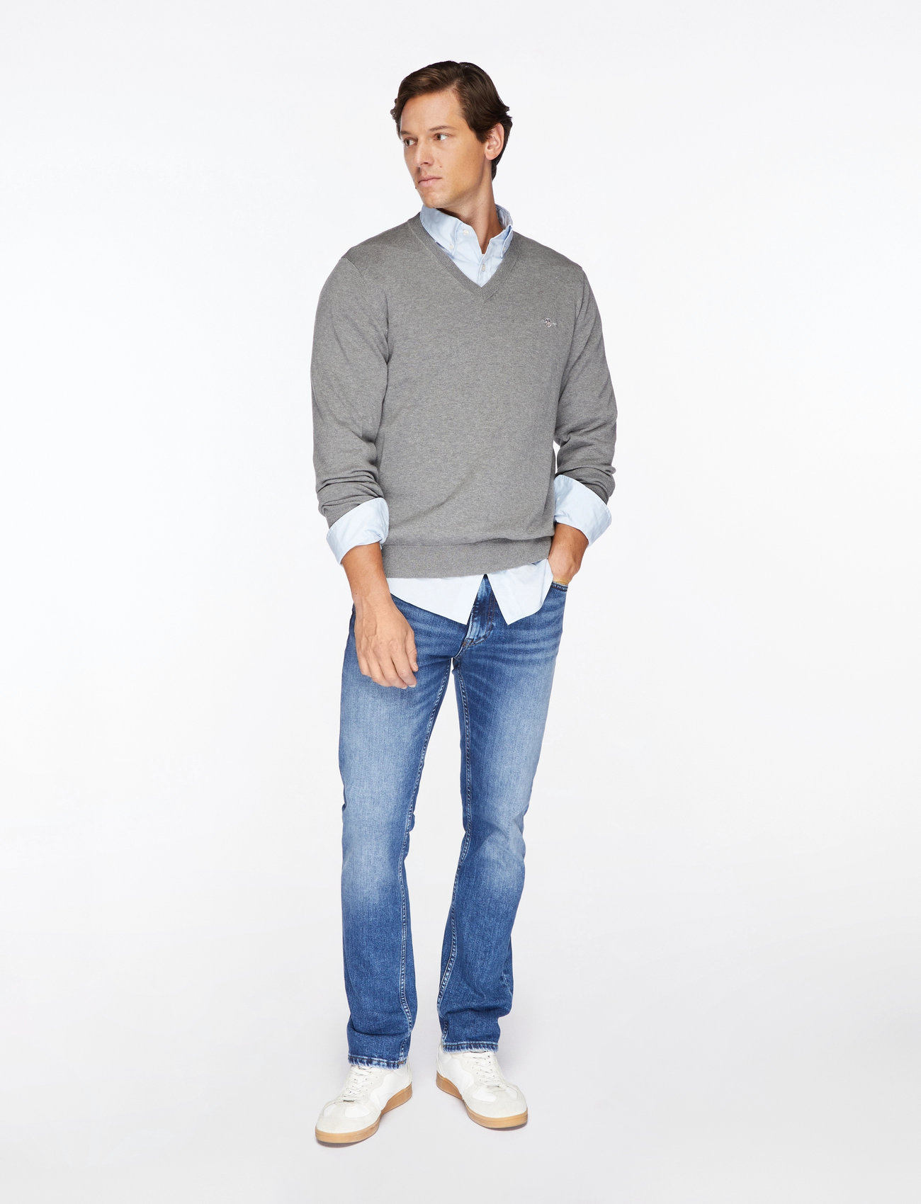 GANT Classic Cotton V-Neck, M, Grey, Strik > V-Halse, Herre