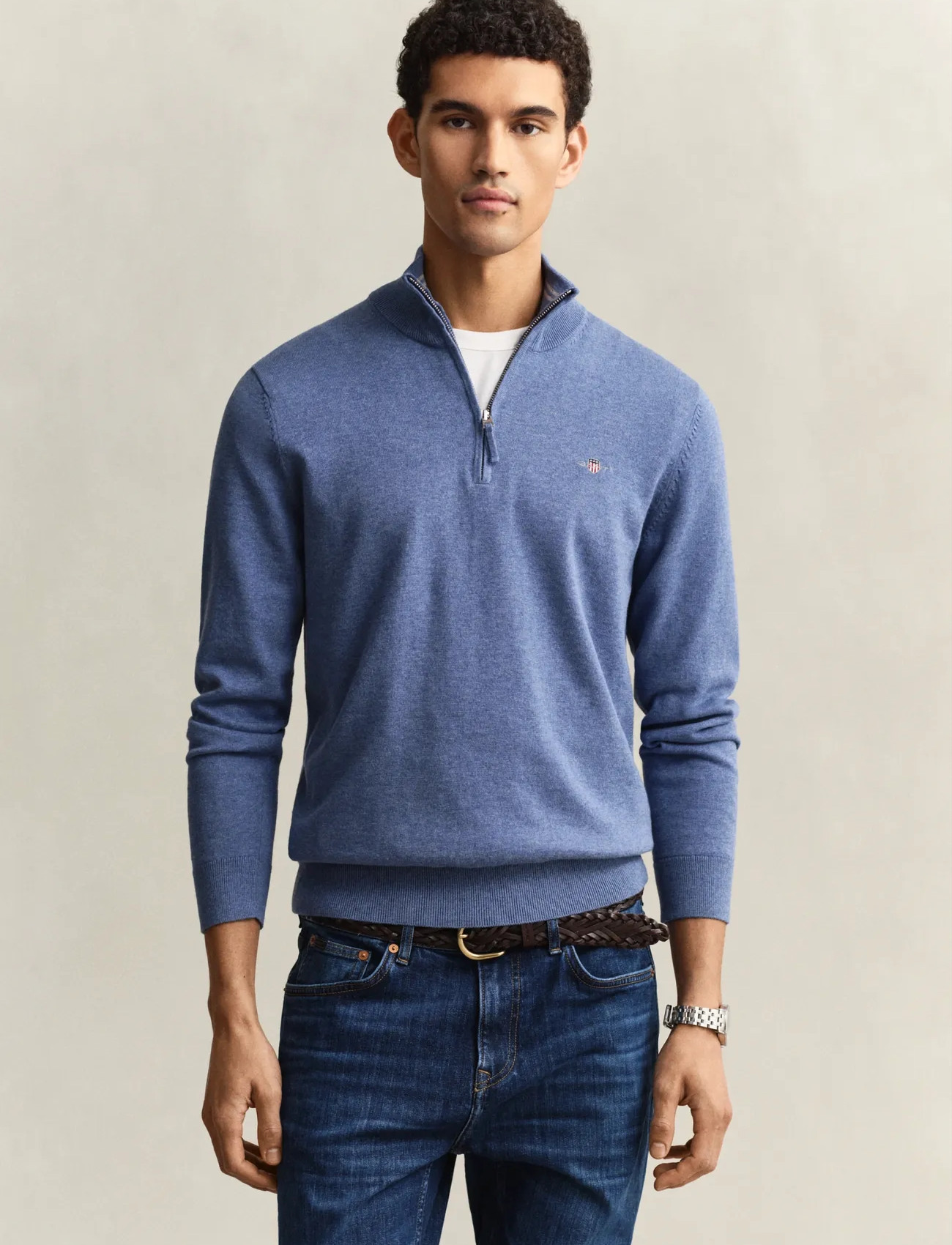 GANT Classic Cotton Half Zip, XL, Blue, Strik > Trøjer Med Halv Lynlås, Herre