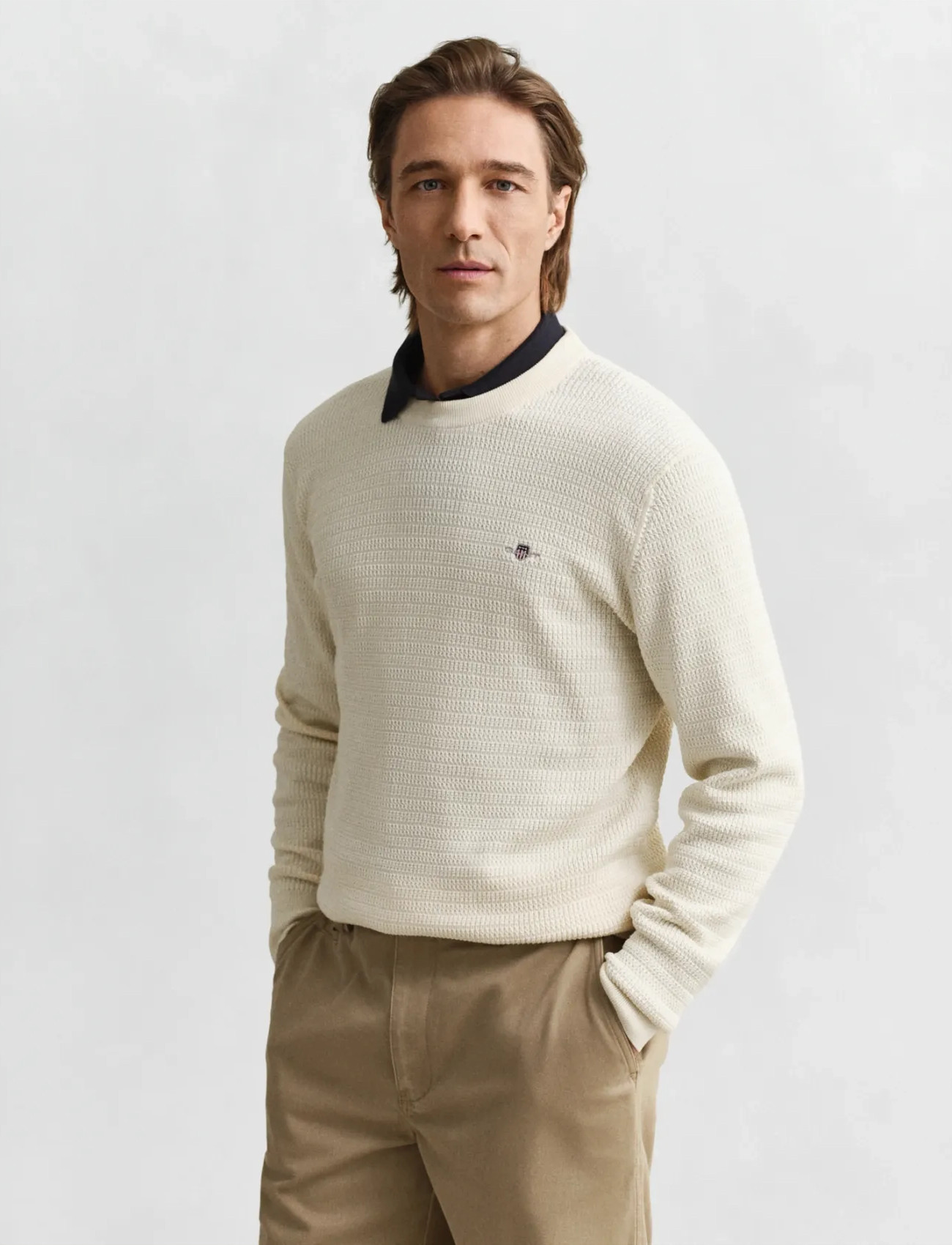 GANT Mini Cable C-Neck, S, Cream, Strik > Runde Halse, Herre