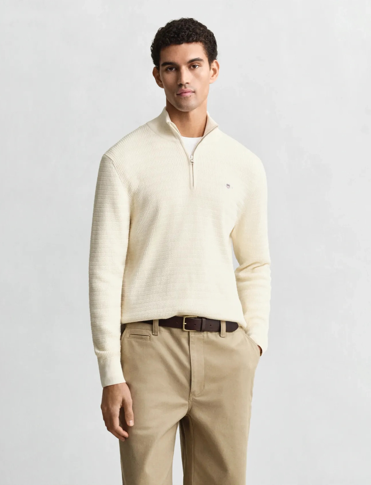 GANT Mini Cable Half Zip, L, Cream, Strik > Trøjer Med Halv Lynlås, Herre