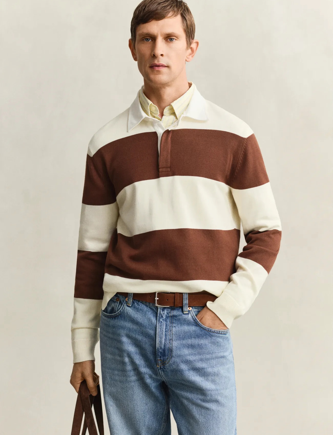 GANT Barstriped Cotton Polo, M, Brown, Poloer > Langærmede, Herre