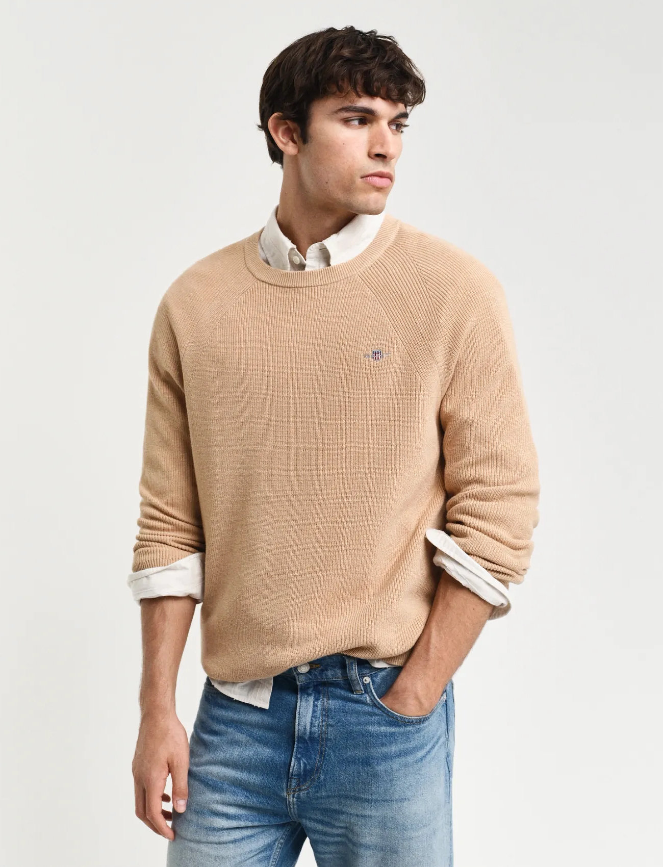 GANT Cotton Wool Rib C-Neck, M, Khaki green, Knitwear - Round Necks, Herre