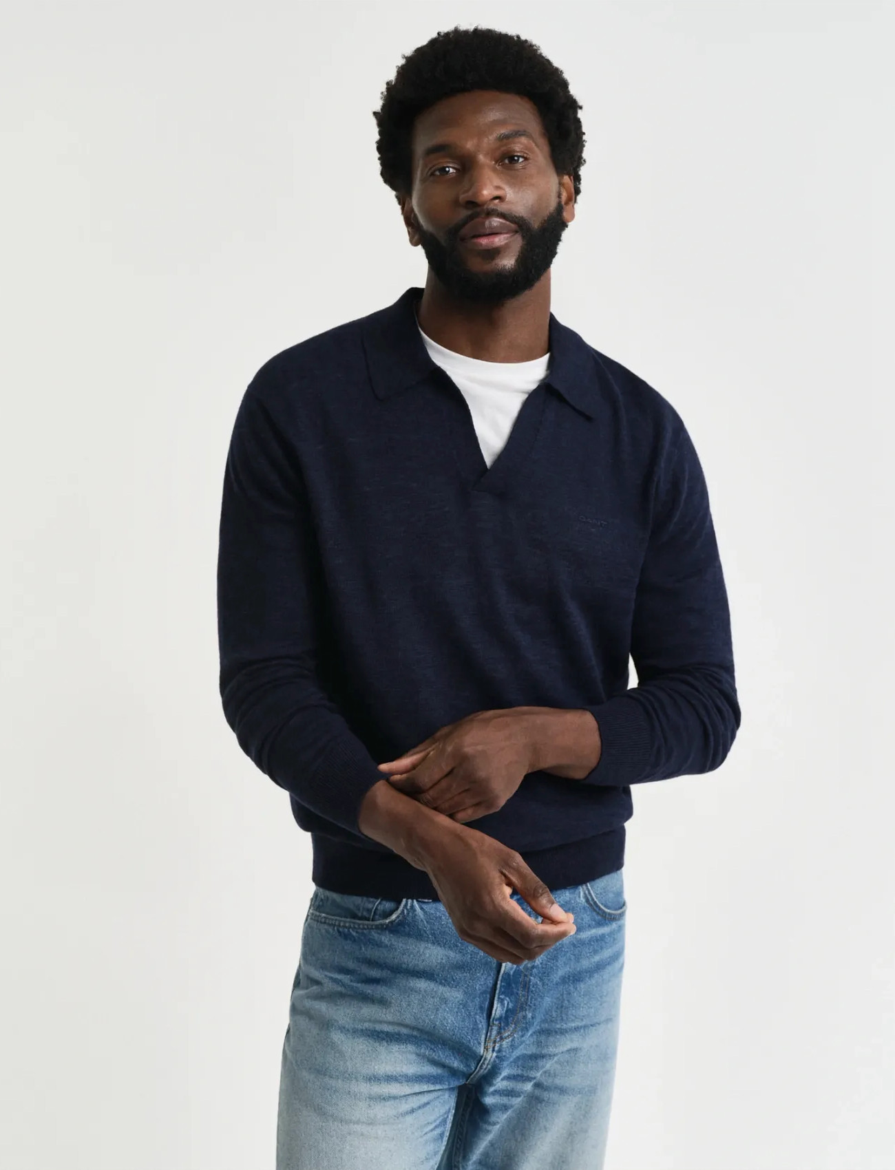 GANT Linen Blend Polo, L, Knitwear, Marineblau - Long Sleeve Knitted Polos, Männerswear