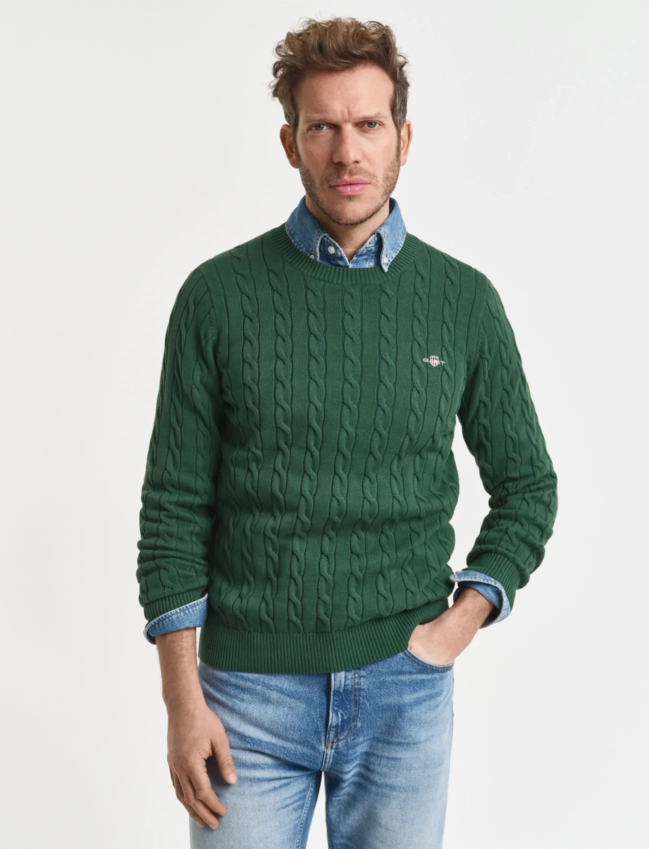 GANT Cotton Cable C-Neck, L, Green, Strik > Runde Halse, Herre