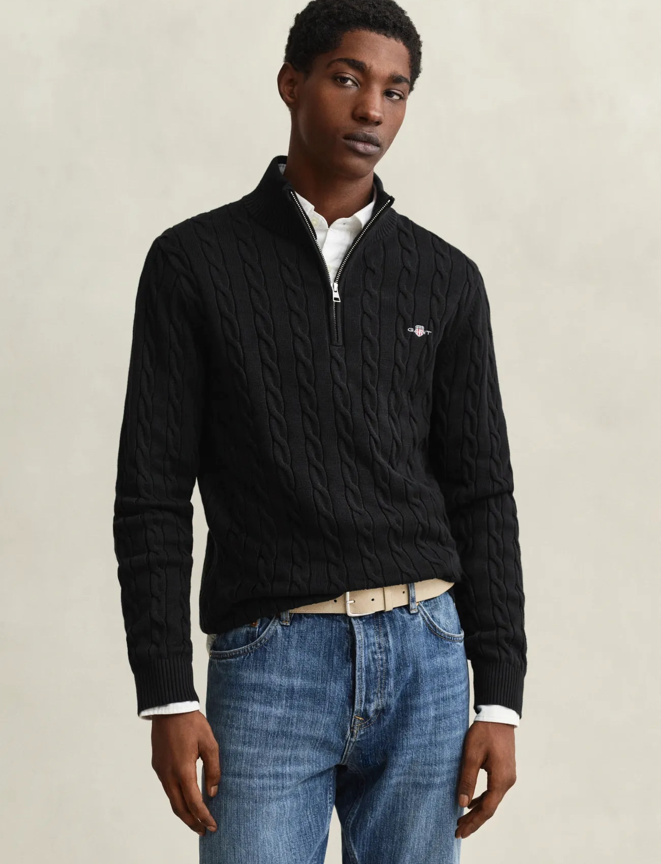 GANT Cable Knit Half-Zip Sweater, S, Black, Strik > Trøjer Med Halv Lynlås, Herre