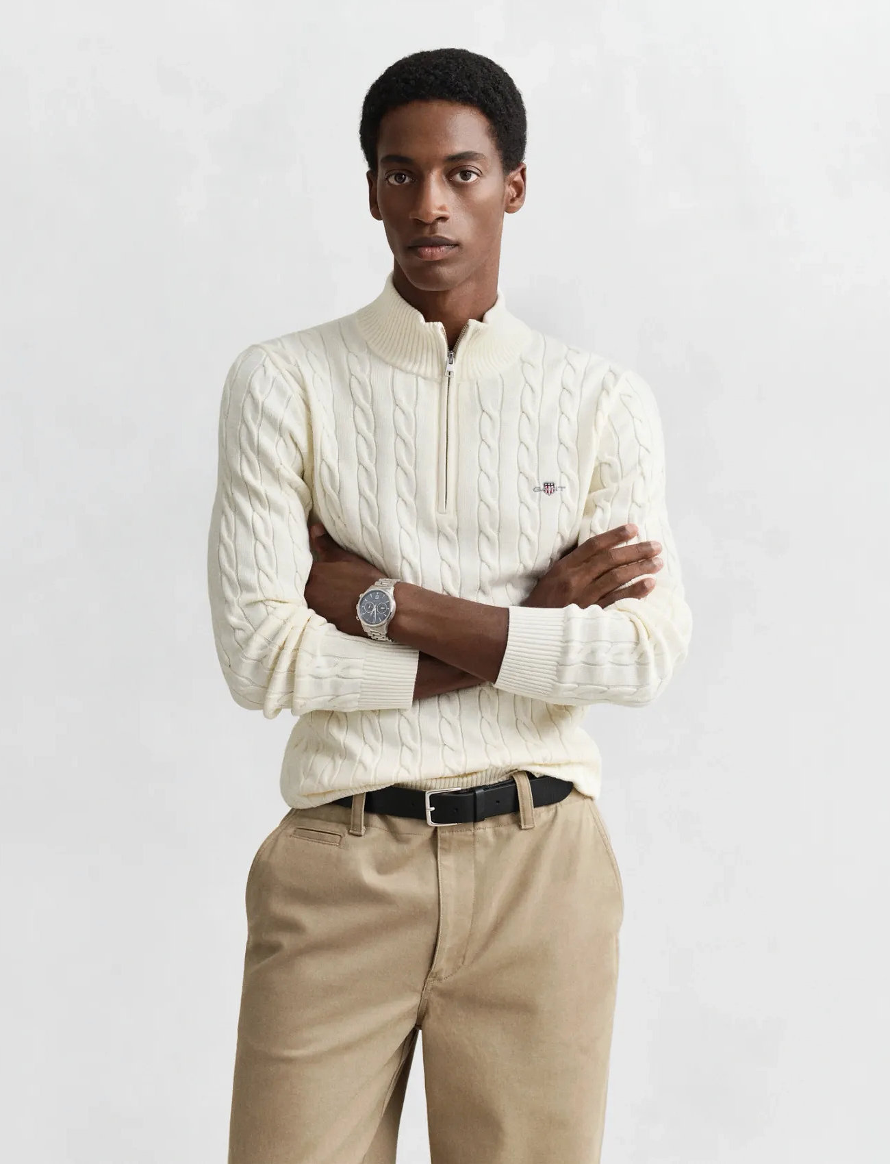 GANT Cable Knit Half-Zip Sweater, XL, Cream, Strik > Trøjer Med Halv Lynlås, Herre