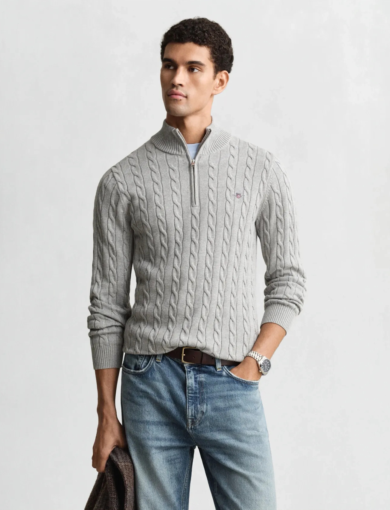 GANT Cable Knit Half-Zip Sweater, XXL, Grey, Strik > Trøjer Med Halv Lynlås, Herre