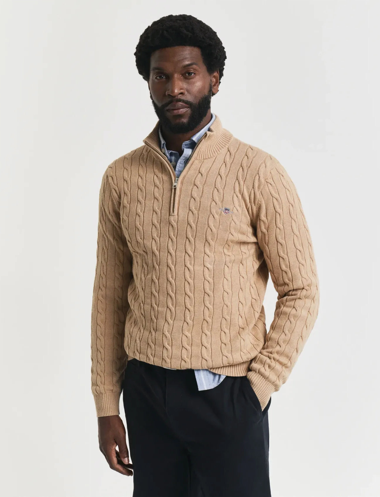GANT Cable Knit Half-Zip Sweater, L, Beige, Strik > Trøjer Med Halv Lynlås, Herre