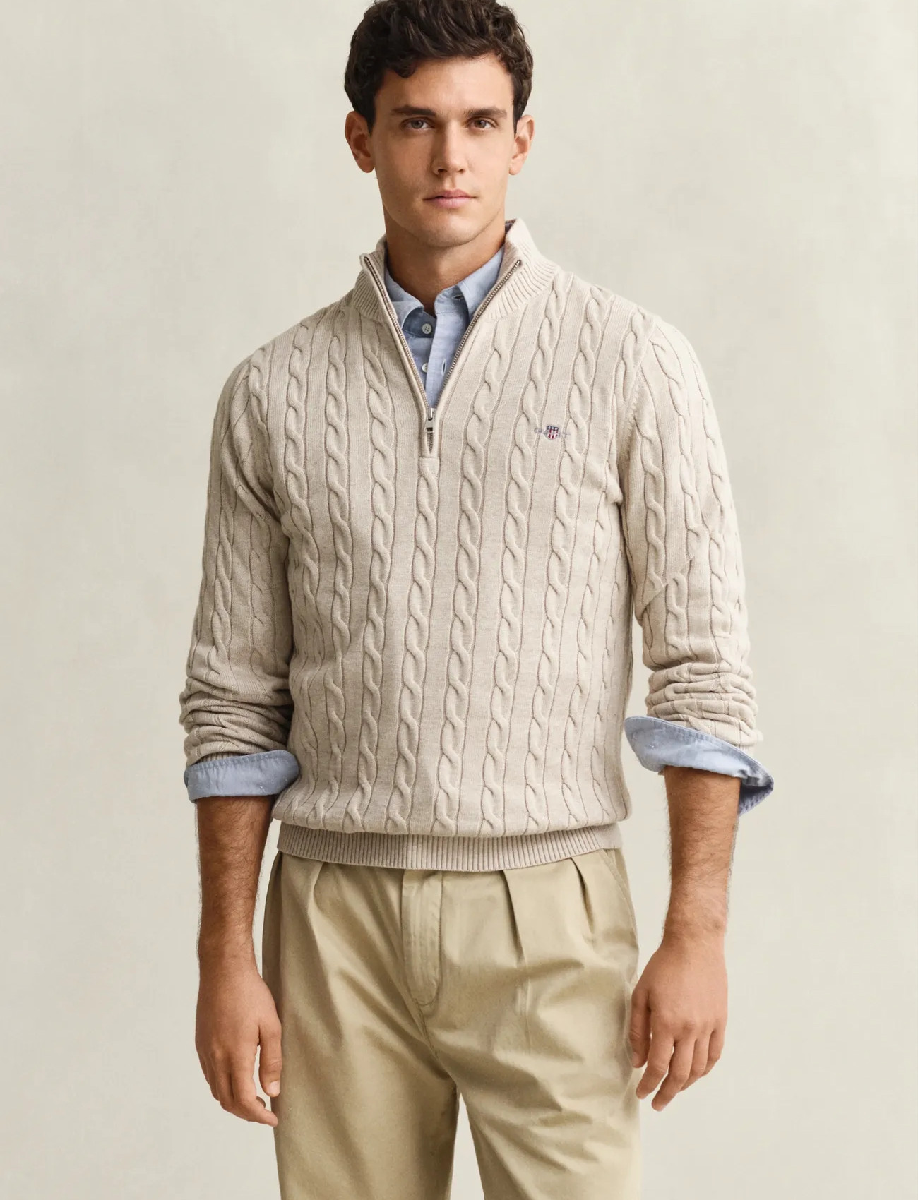 GANT Cable Knit Half-Zip Sweater, S, Beige, Strik > Trøjer Med Halv Lynlås, Herre