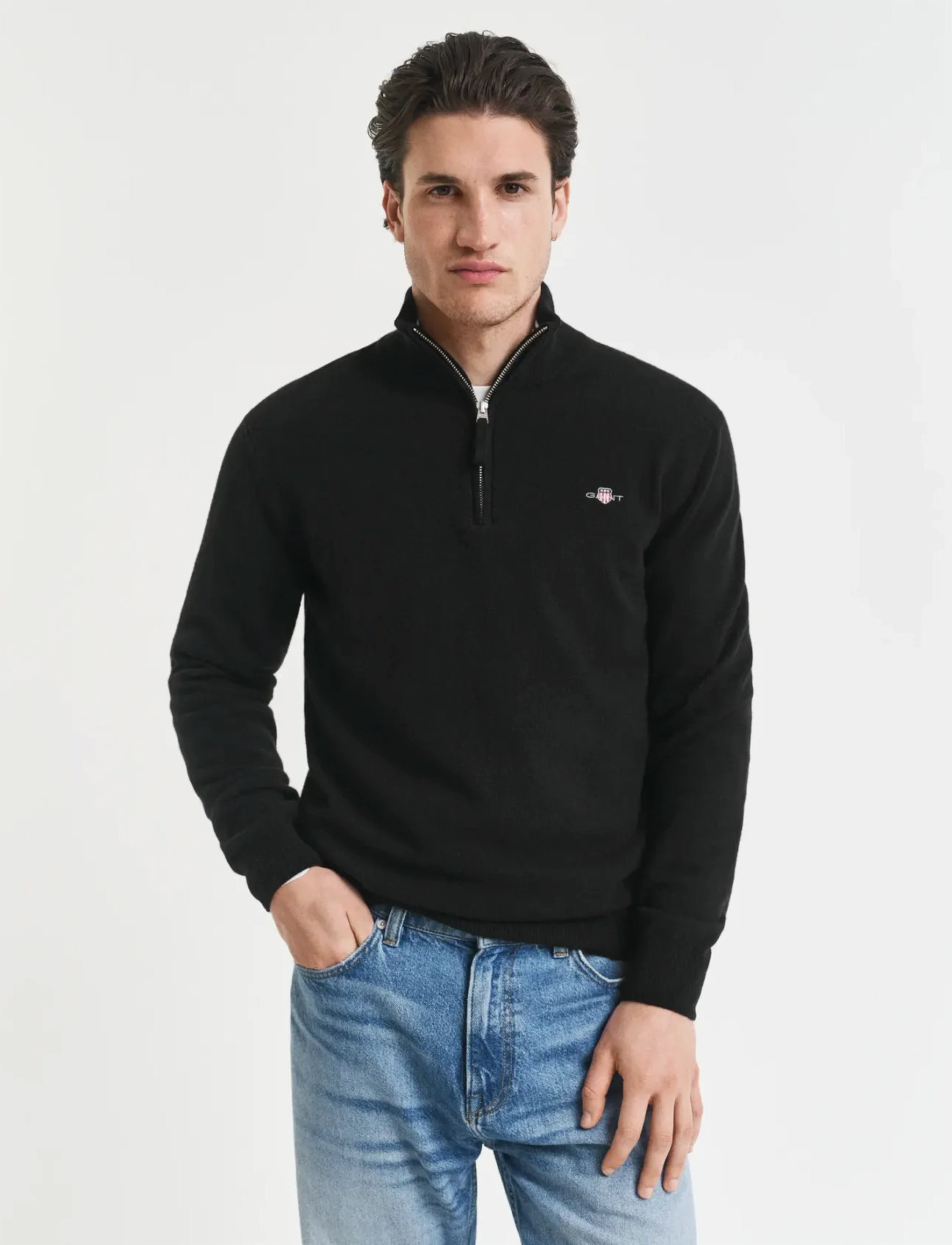 GANT Superfine Lambswool Half Zip, 3XL, Black, Strik > Trøjer Med Halv Lynlås, Herre