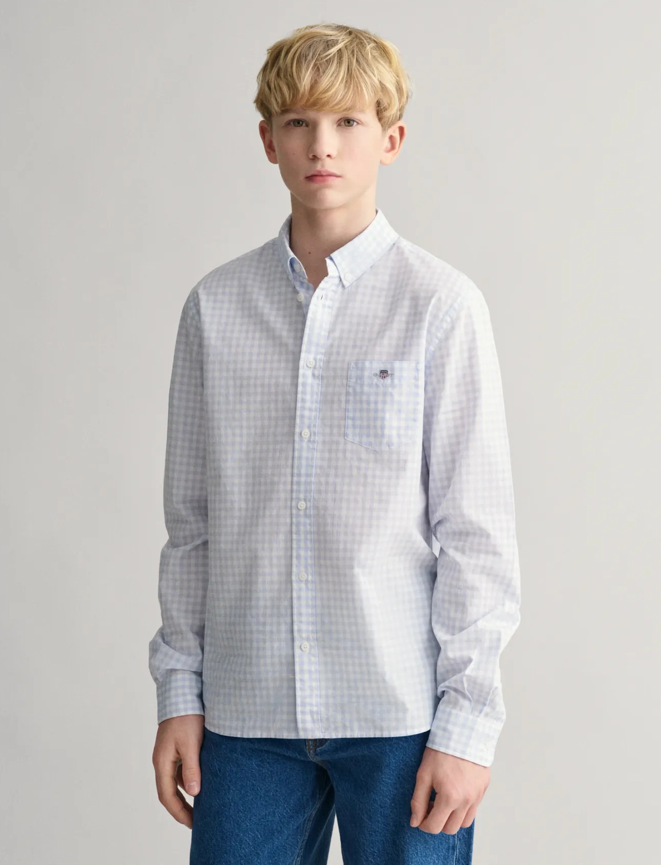 GANT Poplin Gingham Shield Shirt, 176, Blue, Skjorter > Langærmede Shirts, Børn