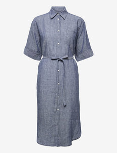 D2. LINEN CHAMBRAY SHIRT DRESS - summer dresses - persian blue