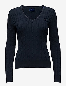 STRETCH COTTON CABLE V-NECK - jumpers - evening blue