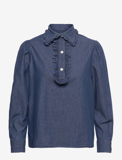 D2. INDIGO RUFFLE SHIRT - long sleeved blouses - indigo