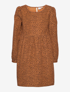 Kids Corduroy Print Babydoll Dress - long-sleeved casual dresses - leopard print