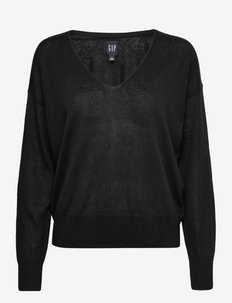 Linen Blend Lightweight V-Neck Sweater - gebreide truien - true black v2 2
