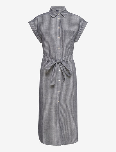 Linen-Cotton Midi Shirtdress - shirt dresses - navy stripe