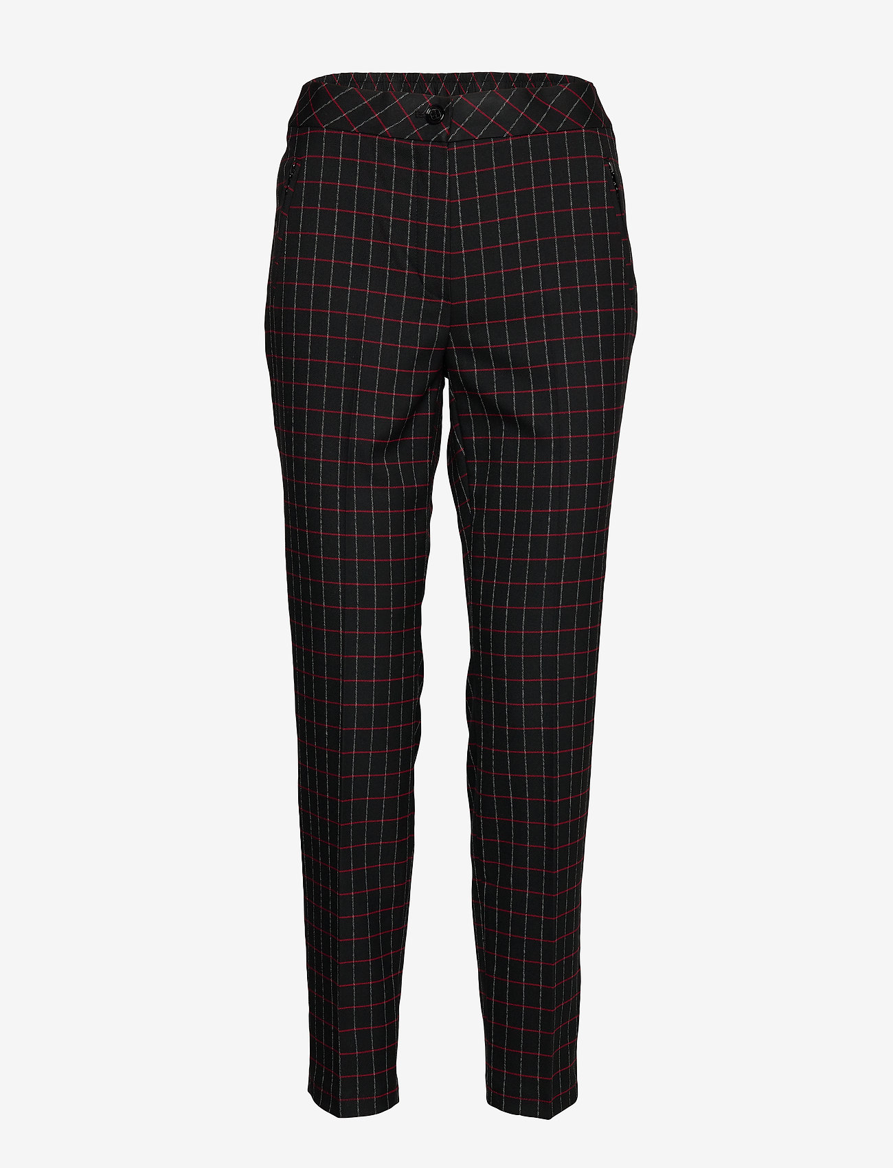 black and red check trousers