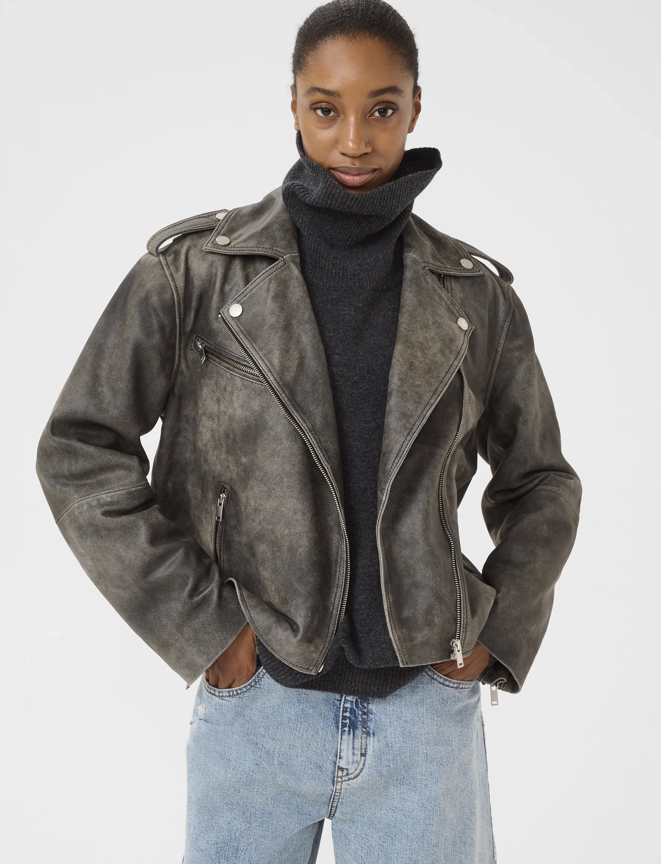 Gestuz Gznaomi Vintage Jacket Noos, 36, Grey, Jakker > Læder, Dame
